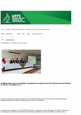 Laranjeiras - UFFS realiza lançamento do Mestrado em Ciência e Tecnologia de Alimentos